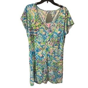 Womens Lilly Pulitzer Daniella Dress Blue Green Sea Soiree Pima Cotton V Neck XL
